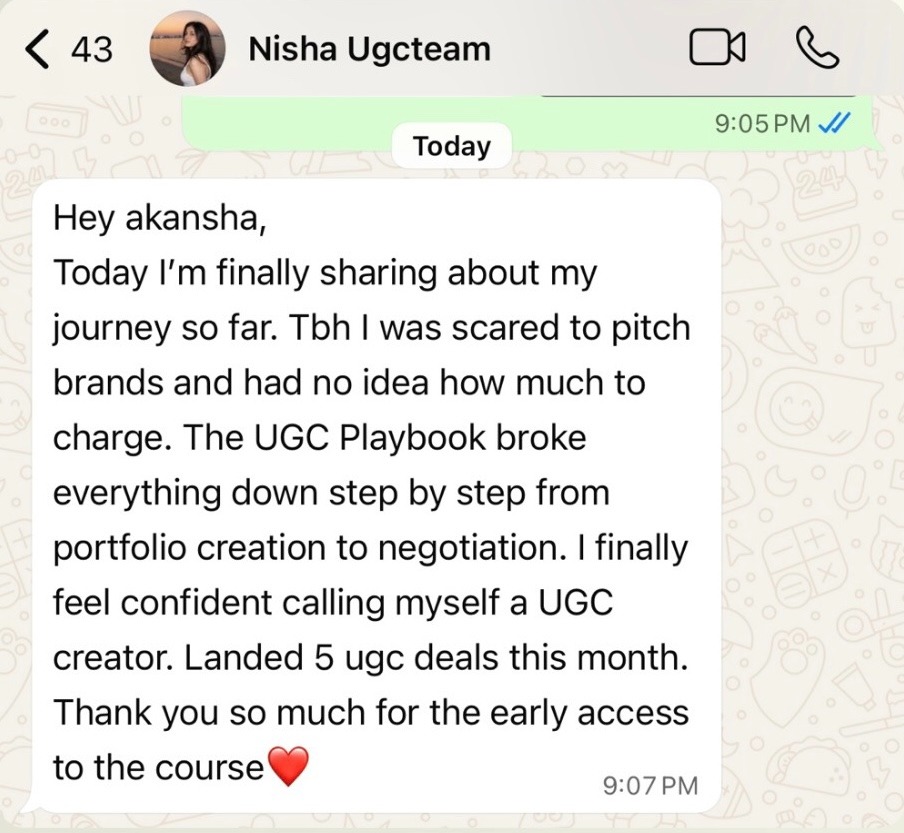 Nisha testimonial about landing 5 UGC deals